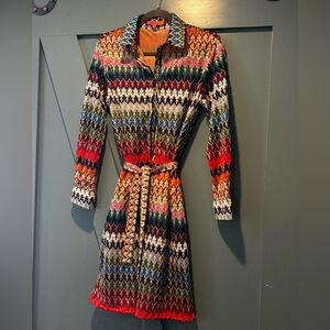 Vilagallo Multicolor Chevron-Pattern Long Sleeve Shirt Dress with Waist Tie